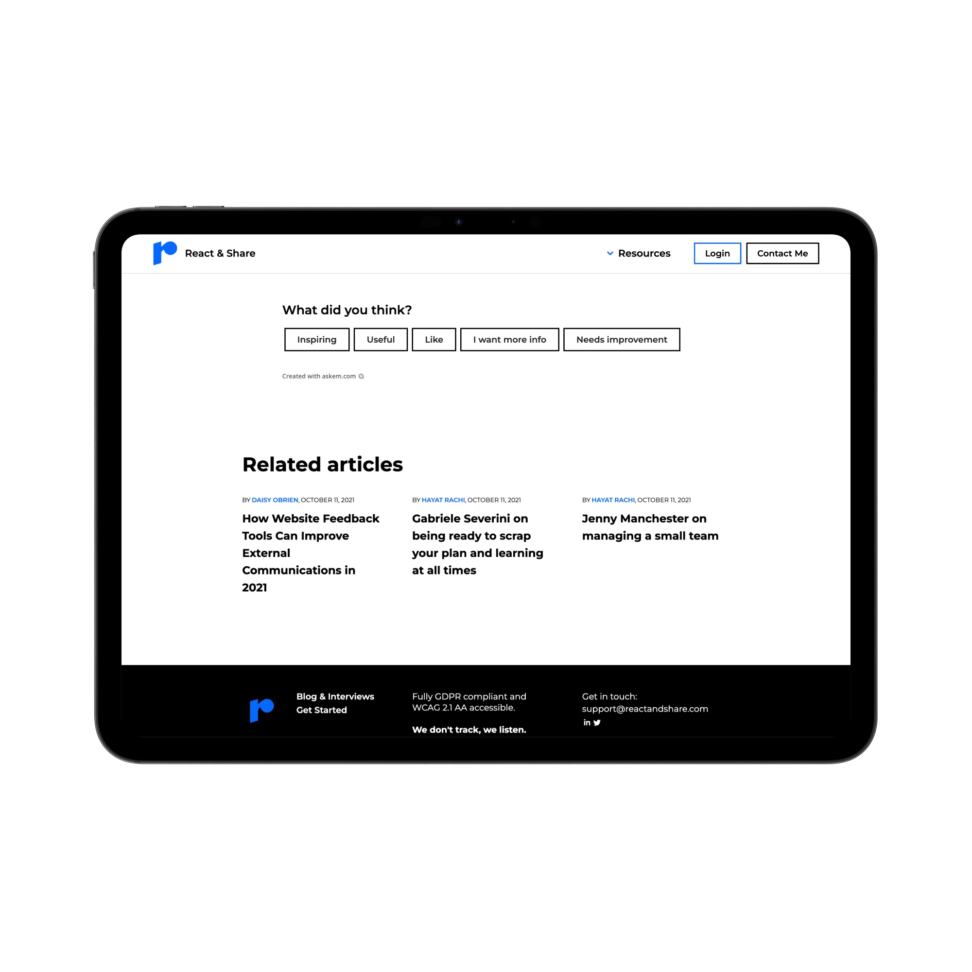 Tablet screen showing React & Share website with feedback buttons asking 'What did you think?' and a list of related article titles below.