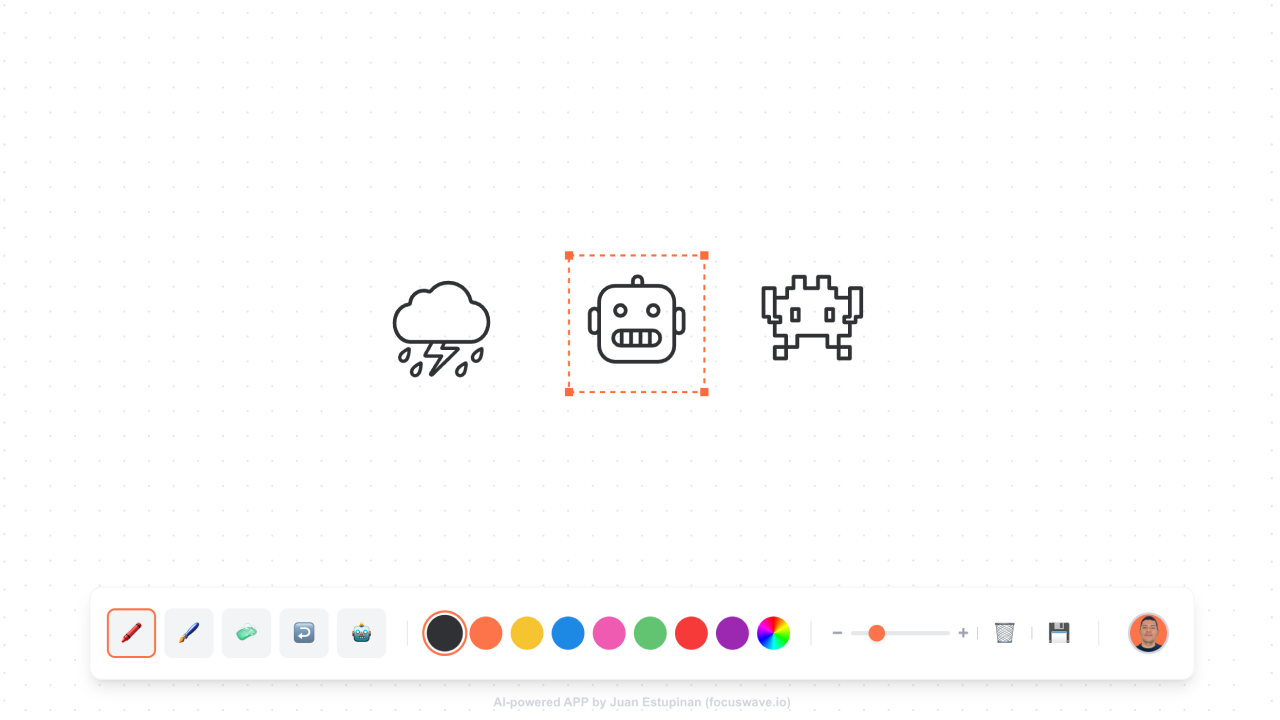 Drawing app interface showing three black outlined icons: a storm cloud with lightning and rain, a robot face, and a pixelated alien figure, with a color palette and tool options below.