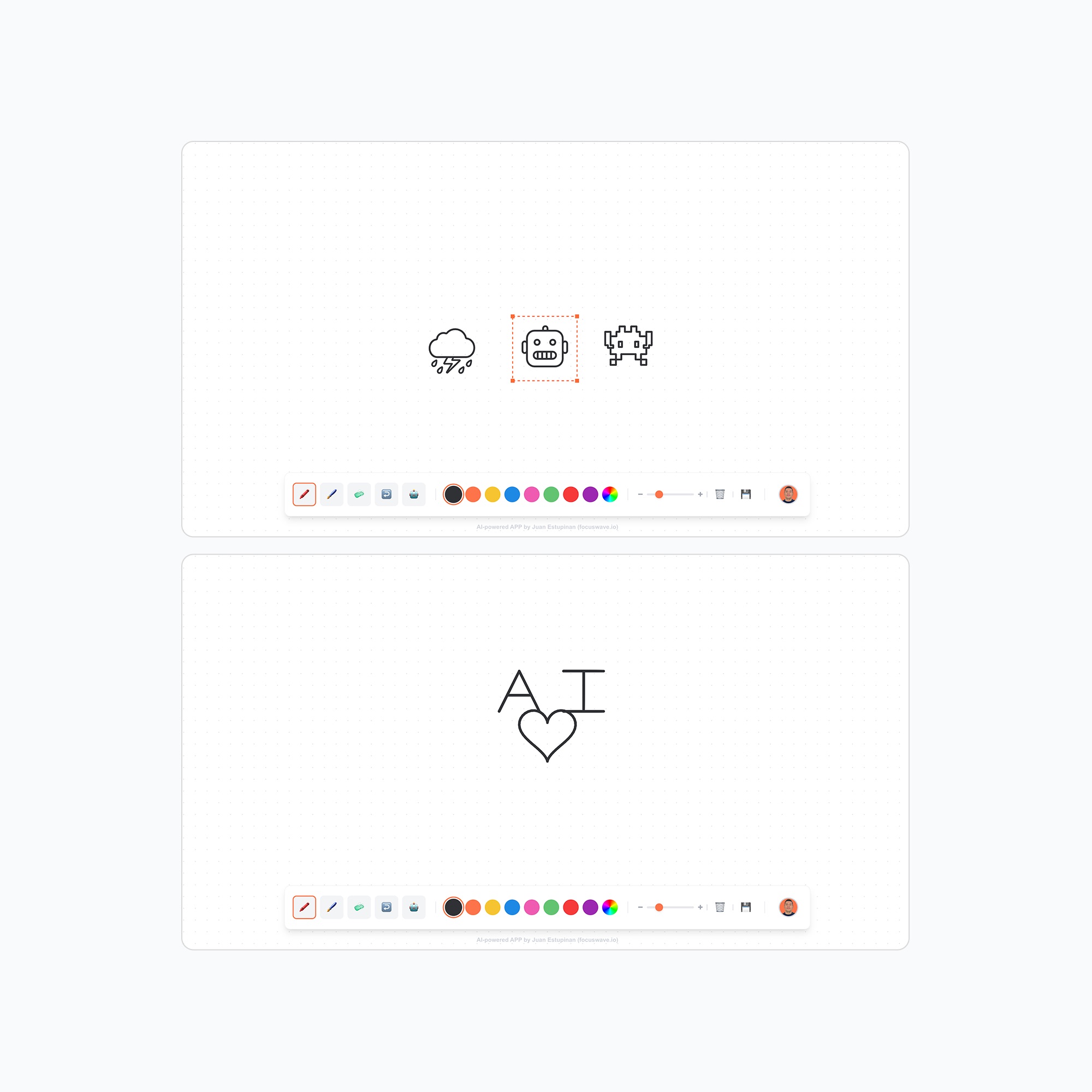 Two separate white digital drawing pads: top pad shows cloud with rain and lightning, robot face, and pixelated alien icons; bottom pad shows the text 'AI' above a heart symbol.