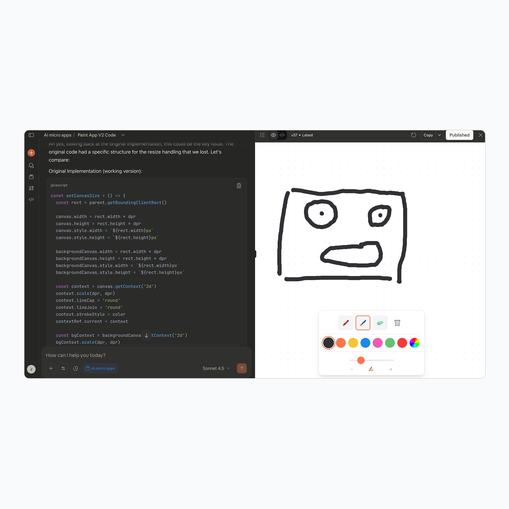 Screenshot of a code editor on the left with JavaScript code and a digital drawing canvas on the right showing a simple black line drawing of a rectangle with two eyes and a mouth.