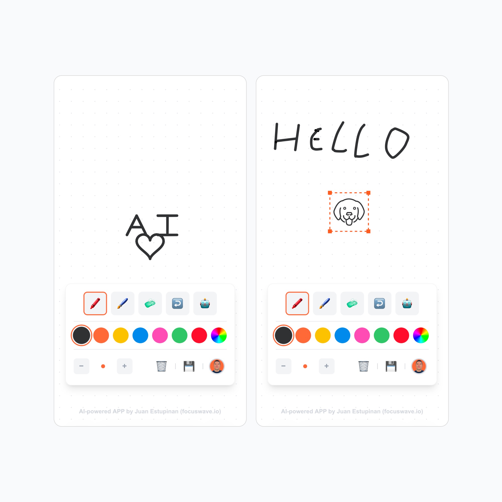Two digital whiteboards each with drawing toolbars; left board shows 'AI' with a heart shape below, right board shows 'HELLO' with a small dog face icon being selected.