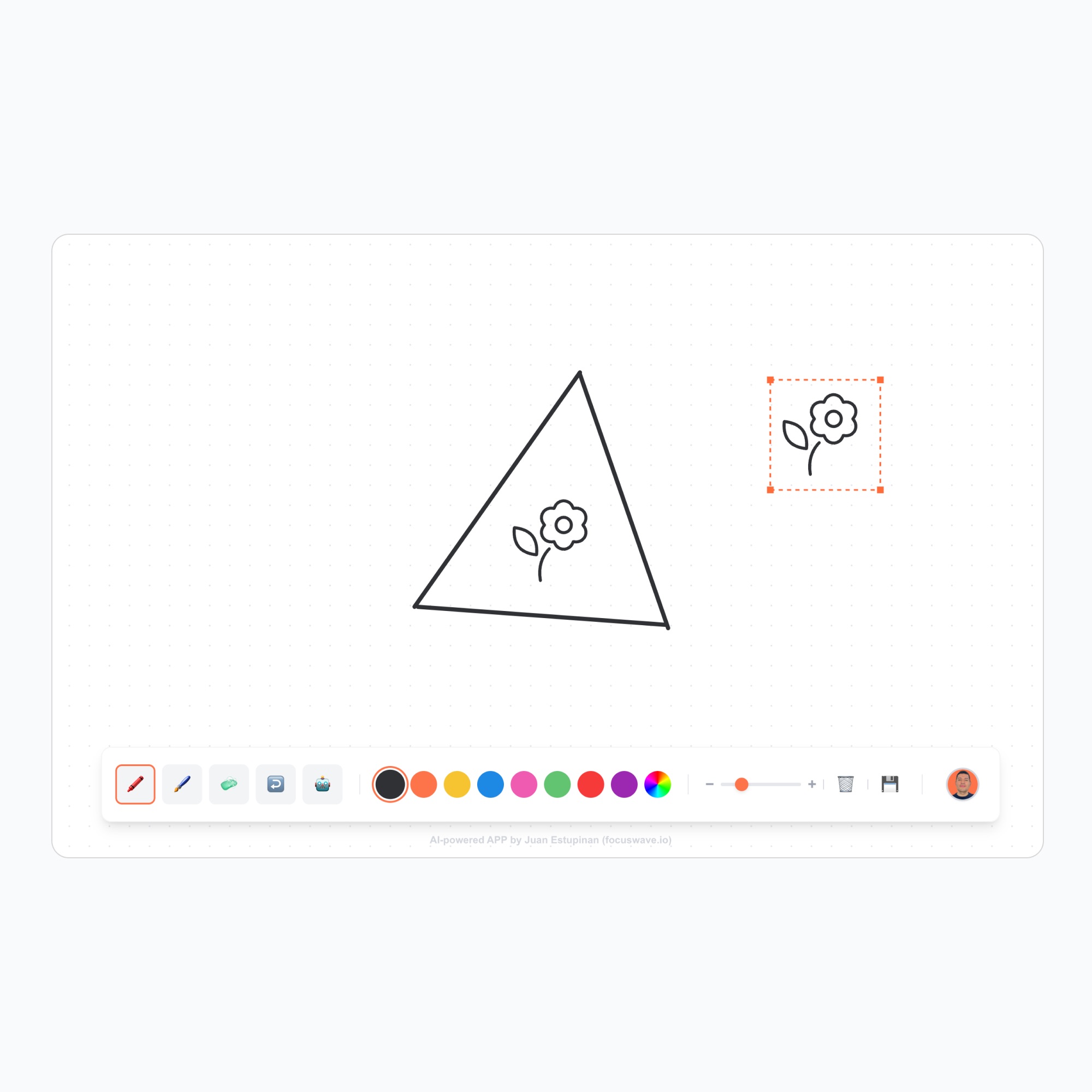 Digital drawing interface showing a black triangle with a flower icon inside and a smaller flower icon selected to the right, with color and tool options below.