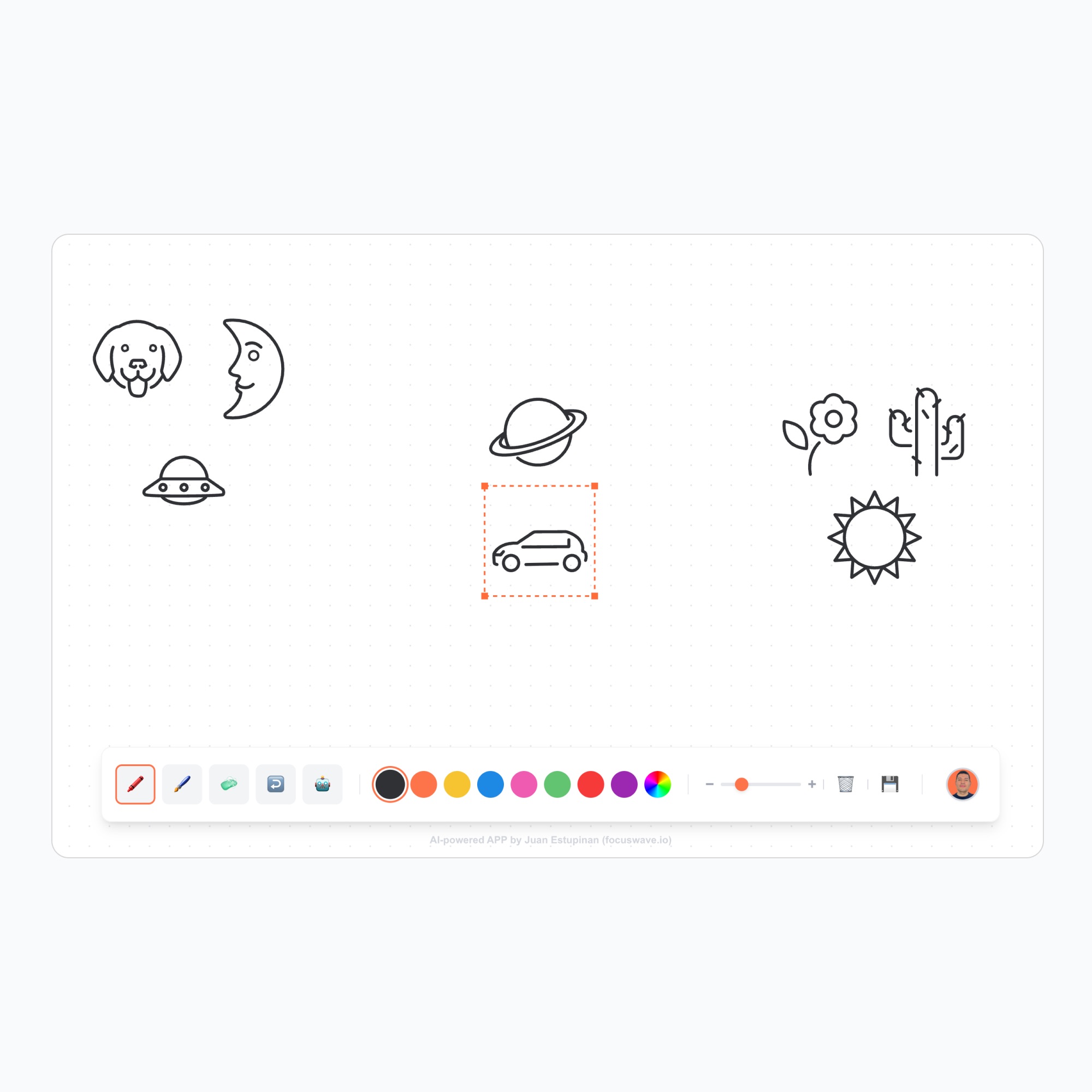 Drawing app interface showing black outlined icons including a dog, crescent moon face, UFO, planet with rings, car, flower, cactus, and sun on a grid background with a color palette and tool options below.