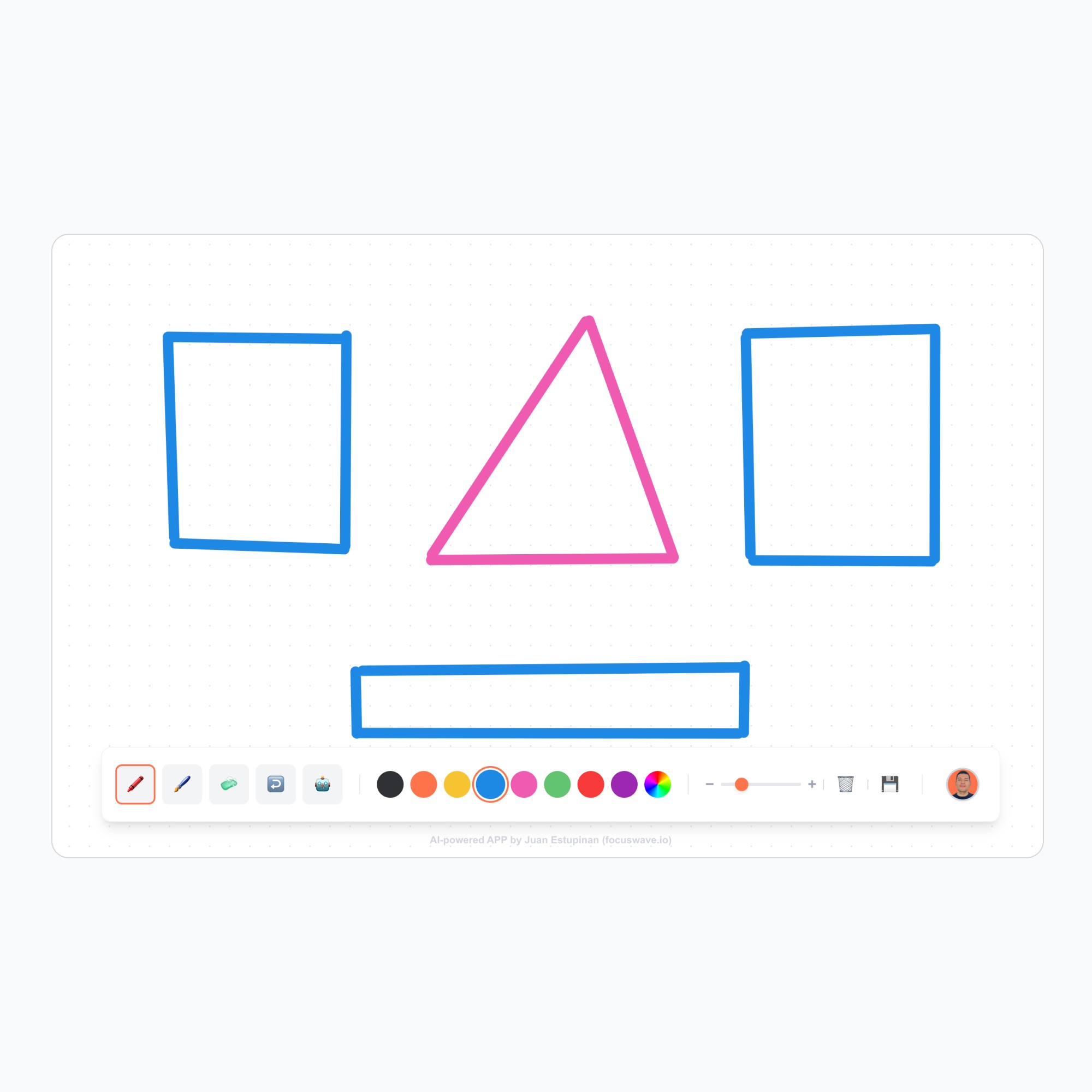 Whiteboard drawing with two blue squares, one pink triangle above a blue rectangle, with a color palette and tool icons below.
