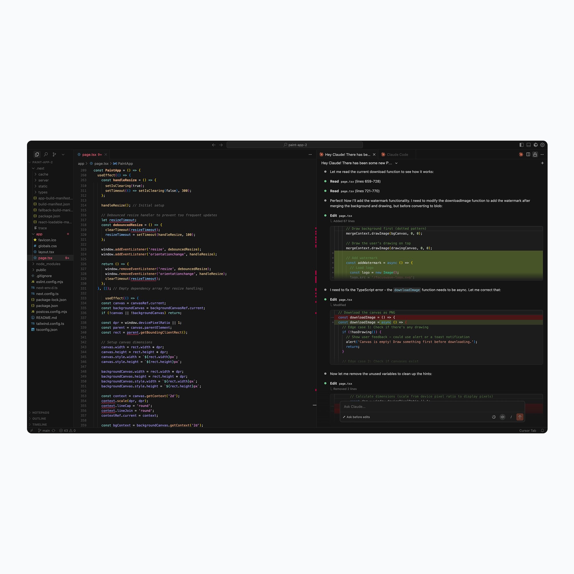 Screenshot of a code editor showing React JavaScript code on the left and a chat interface discussing code edits on the right.