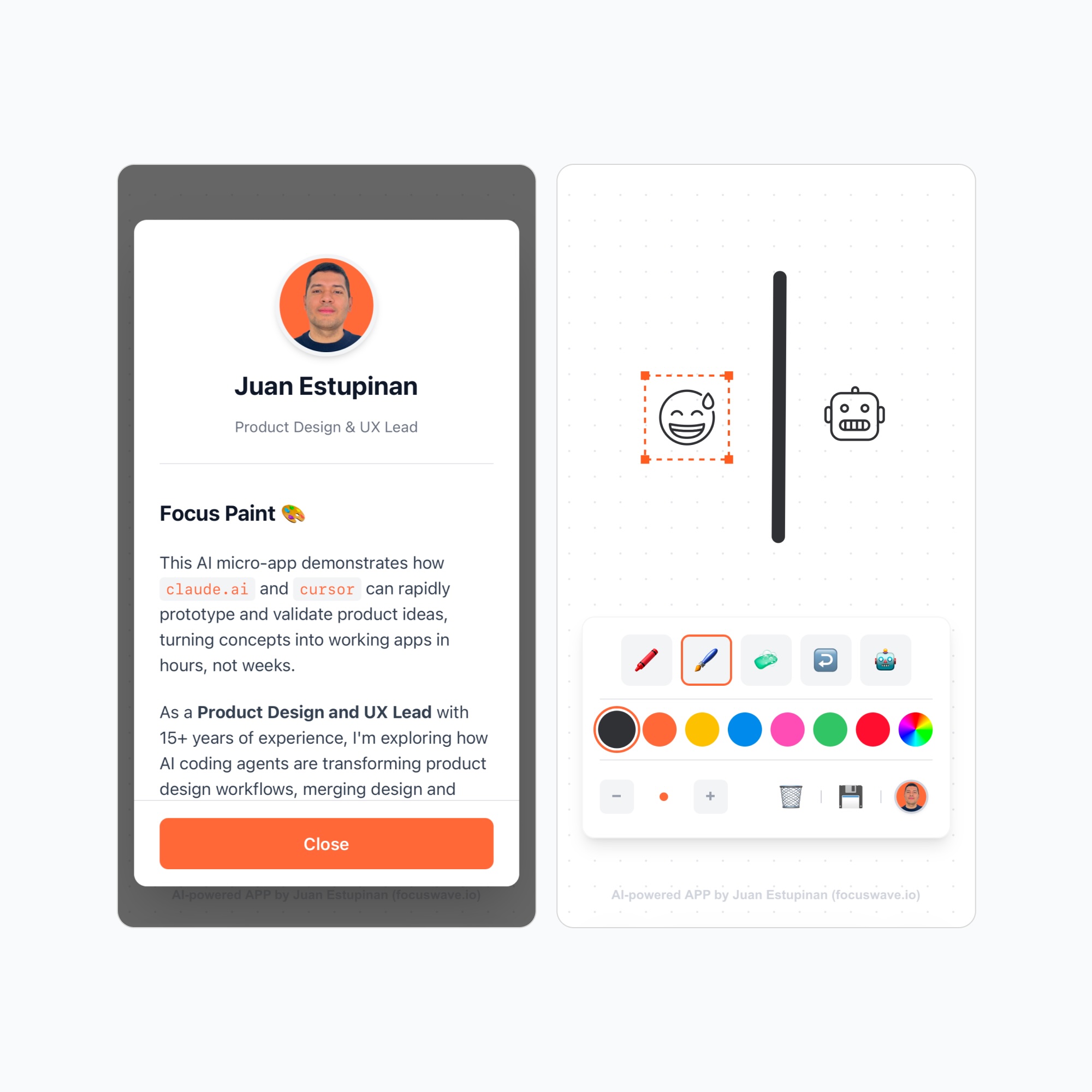 Mobile app interface showing a user profile for Juan Estupinan, Product Design & UX Lead, and an AI-powered drawing tool with emoji icons and color selection.