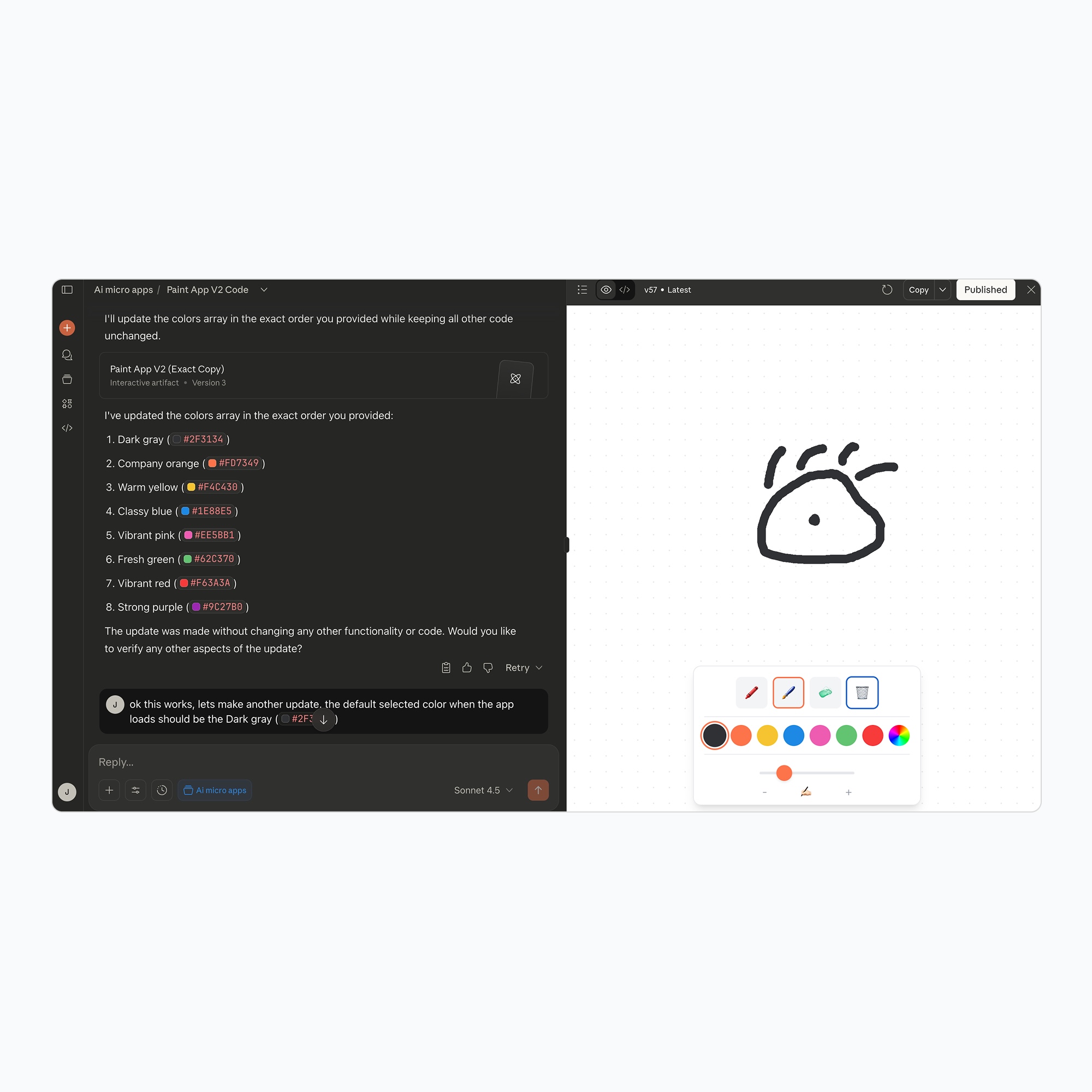 Split screen showing a chat conversation on the left about updating a color array with eight colors, and a drawing app on the right with a simple black doodle and color selection toolbar.