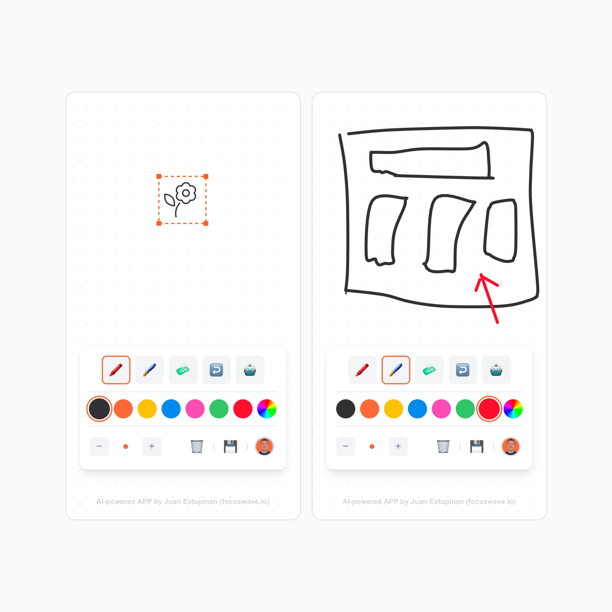 Two side-by-side screenshots of a drawing app interface with toolbar, one showing a flower icon selected with a dotted orange square, the other showing a black hand-drawn box with shapes and a red arrow drawn over it.