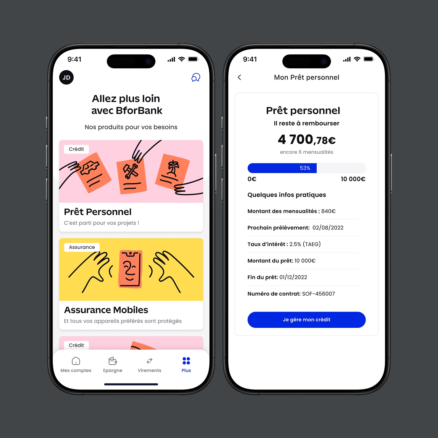 Two smartphone screens showing a Bforbank app: left screen displays product offerings including personal loans and mobile insurance; right screen shows details of a personal loan with remaining balance, repayment progress, and loan information.
