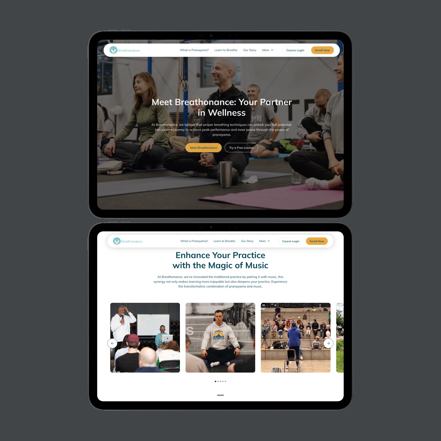 Two tablet screens display Breathonance wellness website; top screen shows people seated on yoga mats with text about partnering in wellness, bottom screen features text about enhancing practice with music and images of people attending classes and meditating.