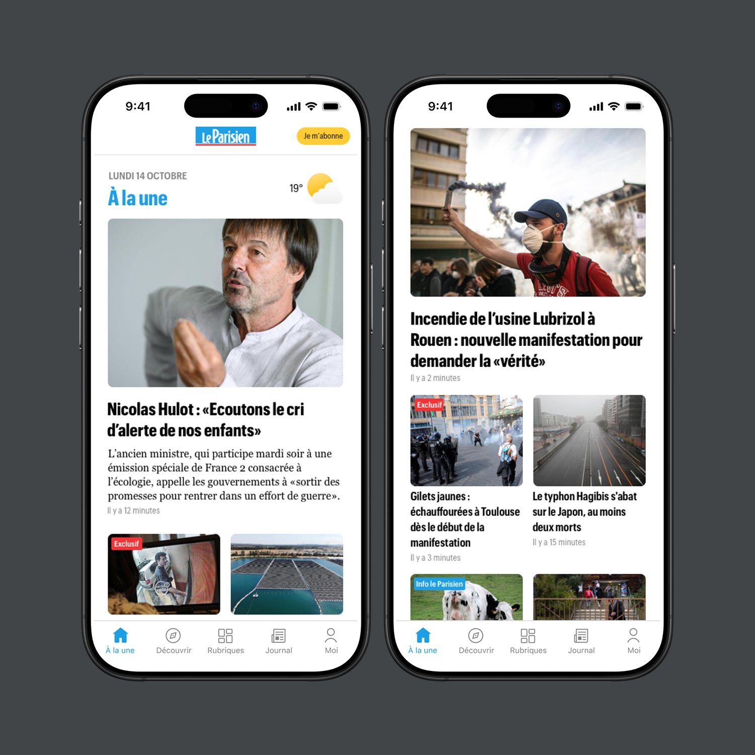 Two smartphones displaying the French news app Le Parisien with headlines about Nicolas Hulot and a protest after the Lubrizol factory fire in Rouen.