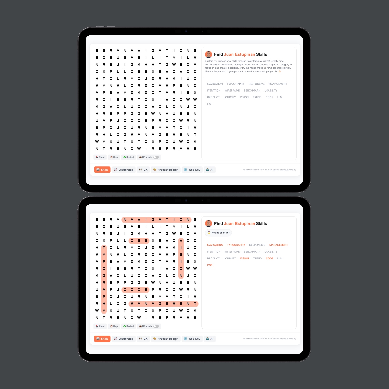 Two tablet screens showing an interactive word search game highlighting AI skills from Juan Estupinan.