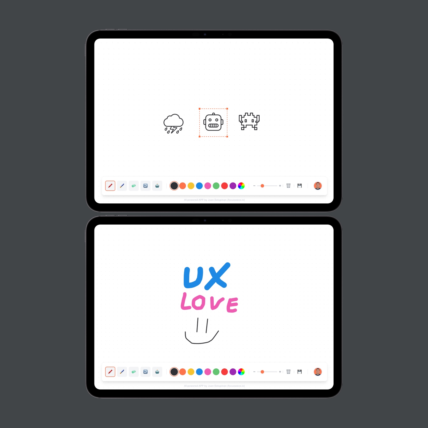 Two black tablets side by side on a dark surface displaying a digital drawing app; the top shows three icons including a cloud with rain, a robot face, and a pixelated alien, the bottom shows text 'UX LOVE' with a simple smiley face below.