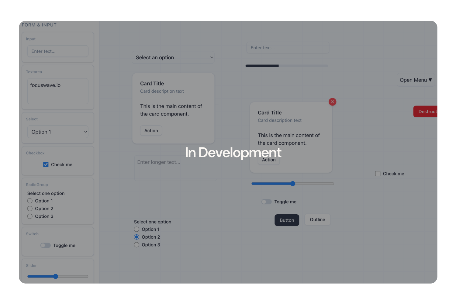 User interface demo showing form fields, input types, cards, buttons, sliders, checkboxes, radio buttons, toggles, and menus with 'In Development' overlay text.