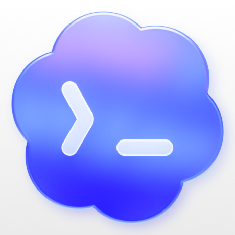 Blue and purple gradient cloud-shaped icon featuring a white command line prompt symbol.