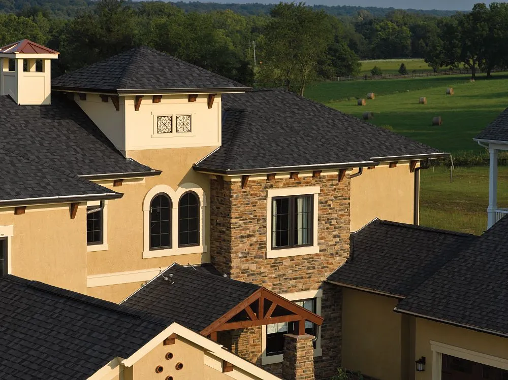 NorthGate ClimateFlex Moire Black shingles on stucco home