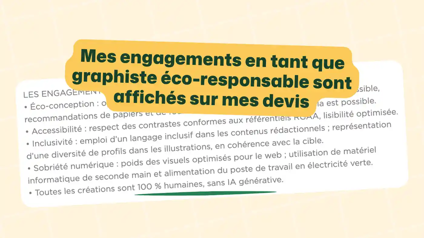 Liste des engagements d’un graphiste éco-responsable affichés sur un document. Les engagements incluent l’éco-conception, l’accessibilité, l’inclusivité, la sobriété numérique et l’utilisation de matériel informatique de seconde main. Le texte souligne que toutes les créations sont 100 % humaines, sans IA générative.