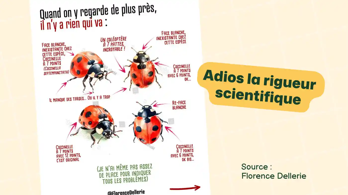 Illustration humoristique et scientifique de coccinelles avec des annotations expliquant les différences entre les espèces. Le texte 'Quand on y regarde de plus près, il n’y a rien qui va' et 'Adios la rigueur scientifique' met en lumière l’importance de la précision dans les illustrations scientifiques. Source : Florence Dellie."