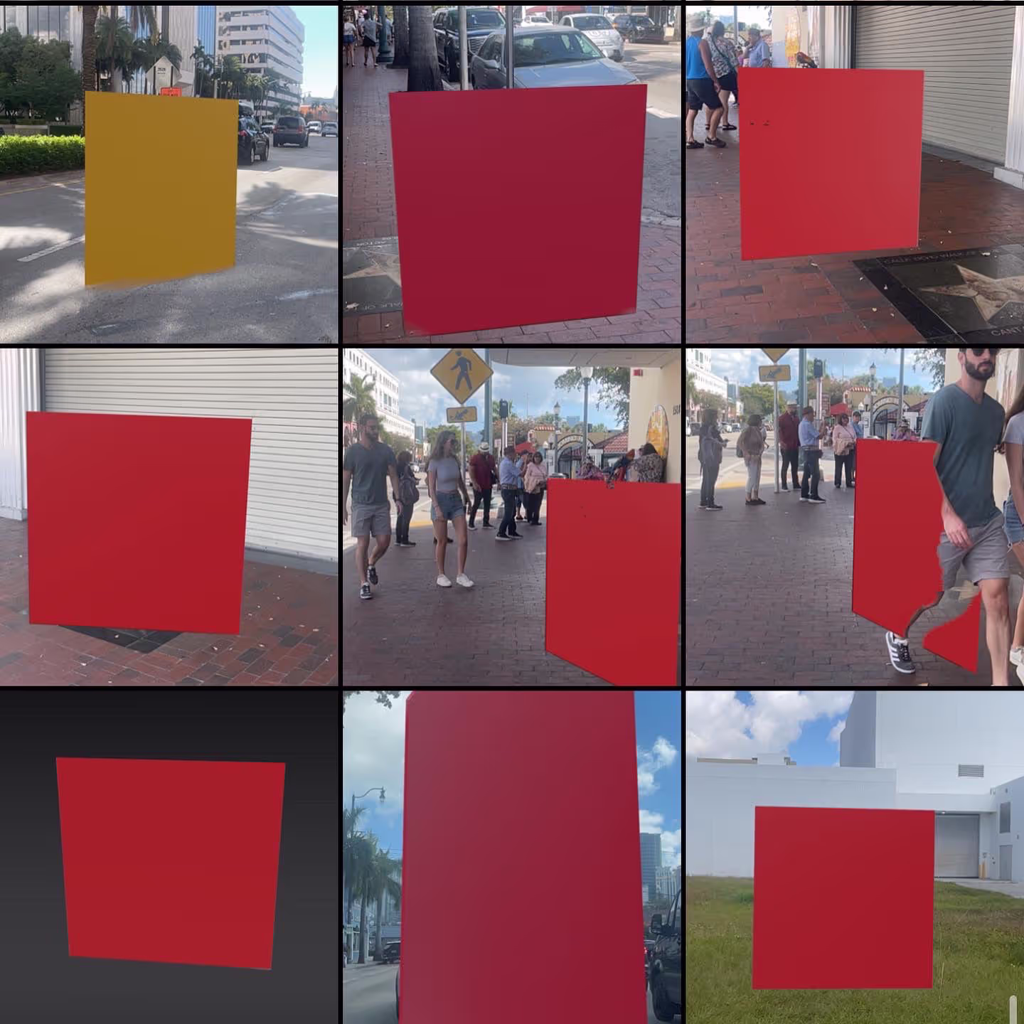 MUD Foundation Vuk Ćosić’s Pixels AR, featuring nine digital artworks that overlay large red and yellow 3D square forms onto urban outdoor environments with pedestrians, buildings, sidewalks, and streets.