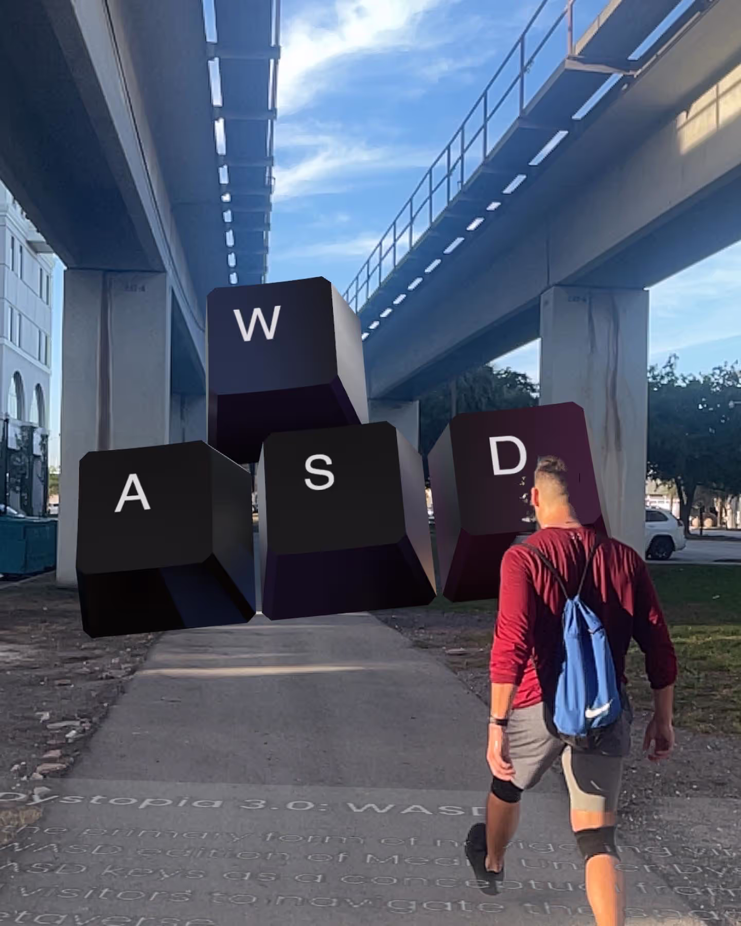 MUD Foundation WASD Keys Street Activation featuring large 3D W, A, S, and D keyboard keys floating above a grassy urban landscape, with a man walking while carrying a drink and a bag and a woman walking away nearby.