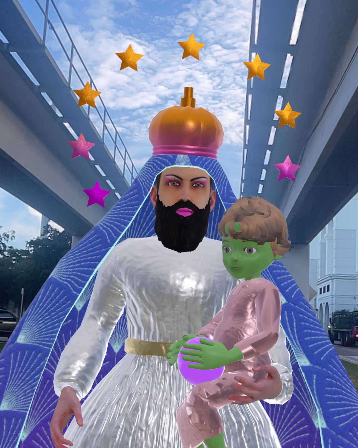 MUD Foundation Antonio Méndez’s Virgin AR, featuring a bearded man in a white robe and gold crown holding a green-skinned child in pink clothing, surrounded by colorful stars against a cloudy sky and bridge structures.
