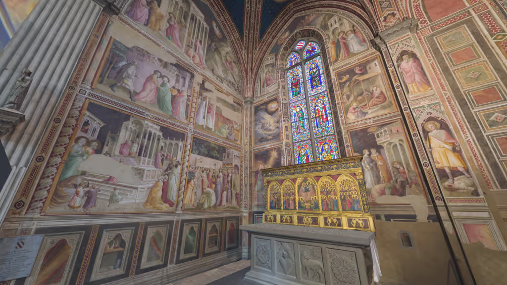 MUD Foundation Taddeo Gaddi’s Baroncelli Chapel in Verse, featuring an ornate chapel interior with frescoes covering the walls and ceiling, a stained-glass window, and a decorated altar before a stone pedestal.