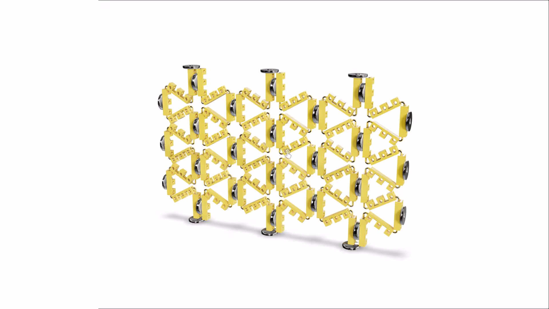 MUD Foundation Rafael Rodriguez Garciga’s Auxetic Unit Cell No. 3, featuring a three-dimensional lattice of interconnected yellow triangles with black circular joints arranged in a repeating grid pattern on a white background.