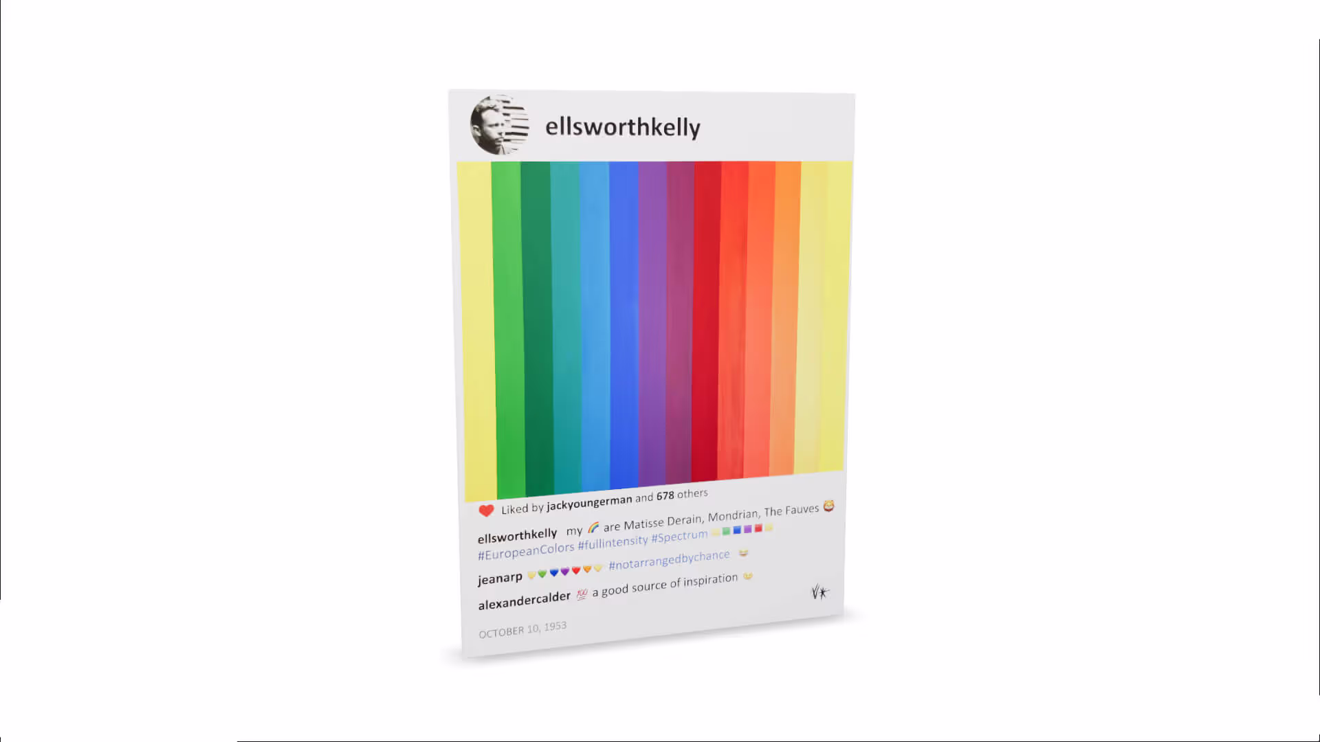 MUD Foundation Laurence De Valmy’s Ellsworth European Colors, featuring vertical gradient stripes transitioning from green, blue, purple, red, orange, to yellow, resembling a color spectrum.