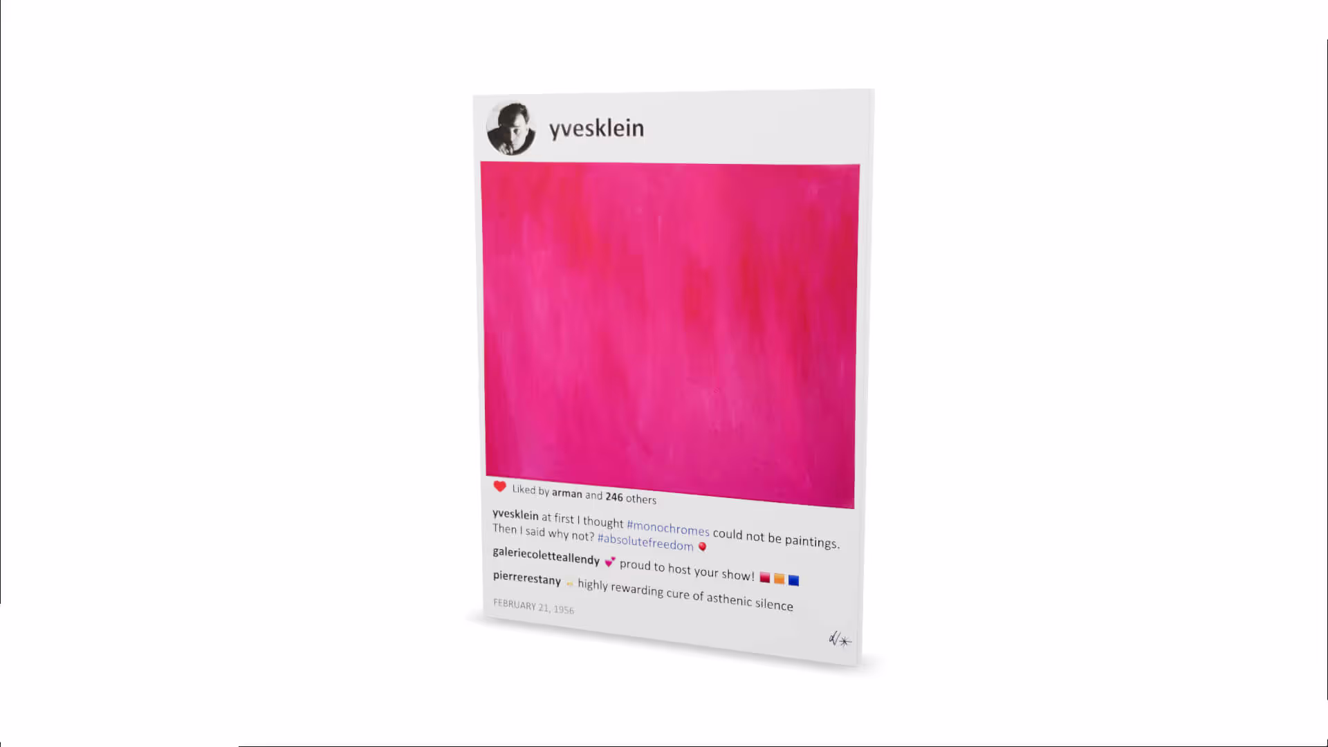 MUD Foundation Laurence De Valmy’s Yves Loves Monopink, featuring a solid bright pink monochrome square inspired by Yves Klein’s signature use of vibrant blue and monochromatic compositions.