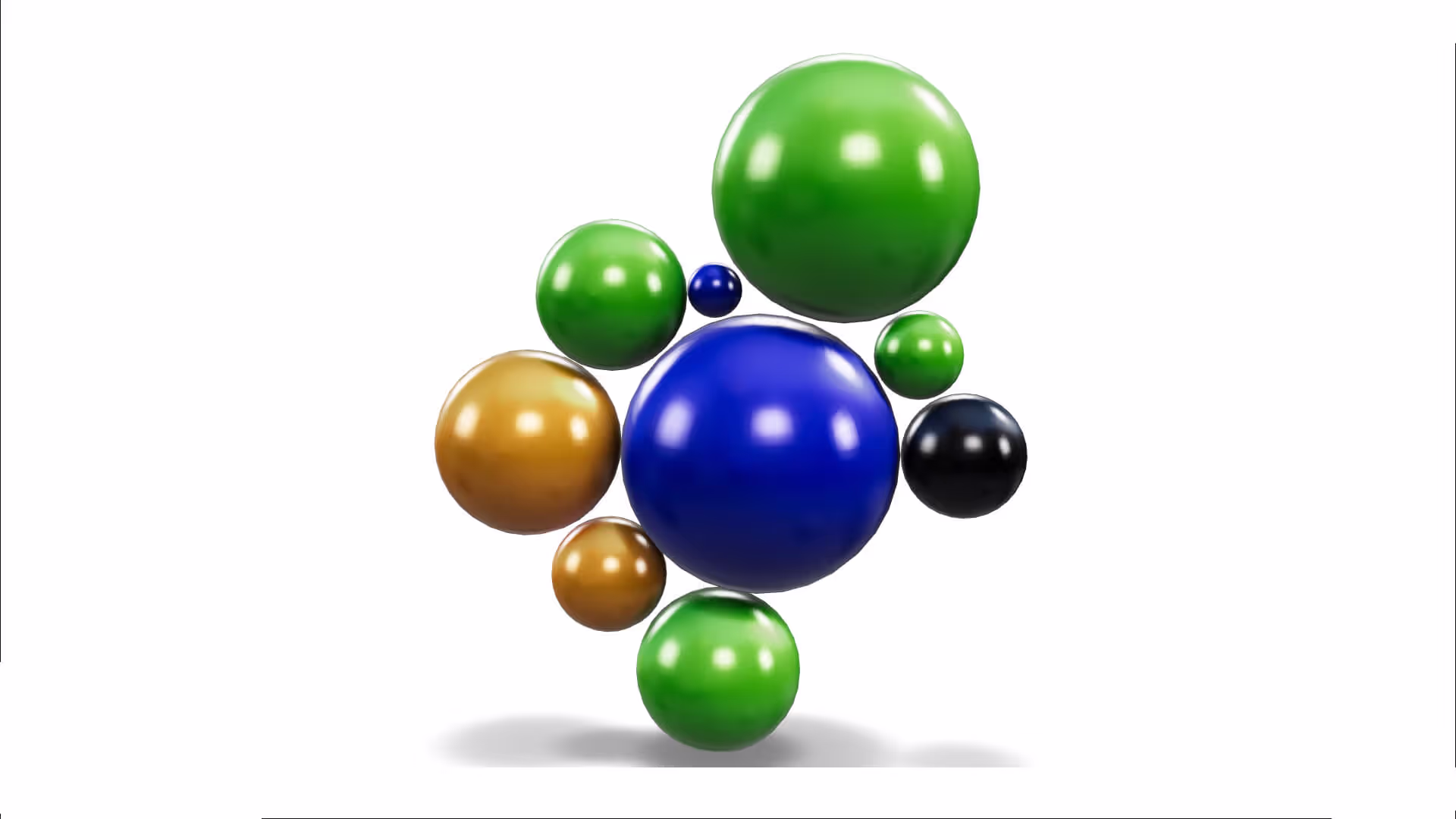 MUD Foundation Rodolfo Peraza’s Naked Link Pilgrim 4.0 Sphere No-3, featuring nine glossy spheres in varying sizes and colors, including green, blue, gold, and black, floating in a cluster against a white background with subtle shadows.