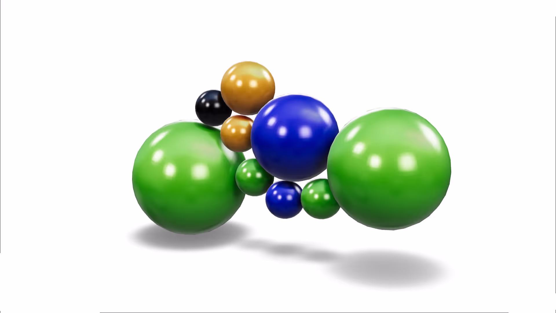 MUD Foundation Rodolfo Peraza’s Naked Link Pilgrim 4.0 Sphere No-6, featuring a 3D molecular-style cluster of spheres in varying sizes and colors, including green, blue, gold, and black, arranged against a white background with shadows beneath.