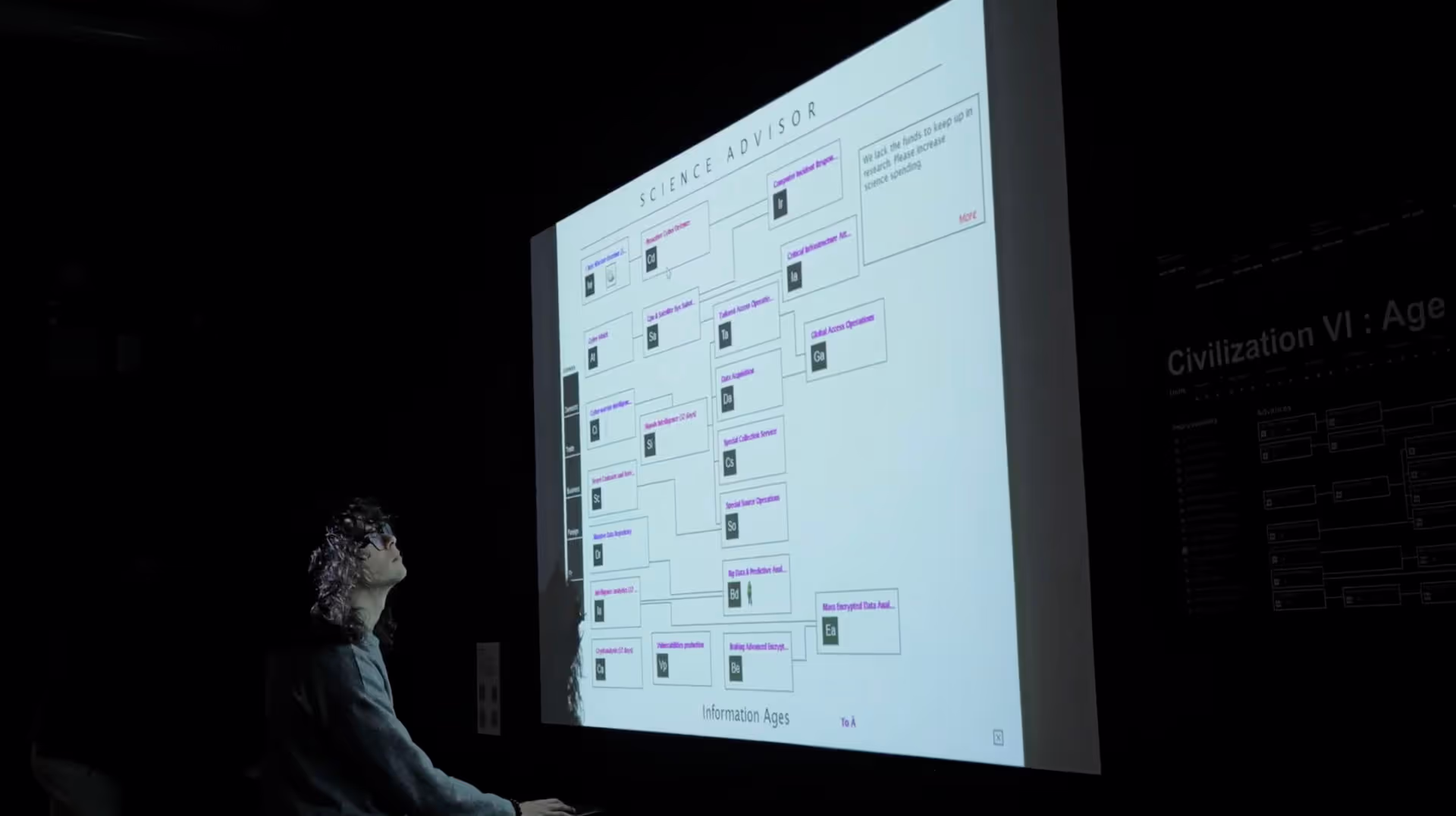 MUD Foundation Civilization VI by Vladan Joler, 2024, photographed by Gustavo Perez, featuring a person seated in a dark exhibition space viewing a projected “Science Advisor” technology tree with connected boxes and information about different technological eras.