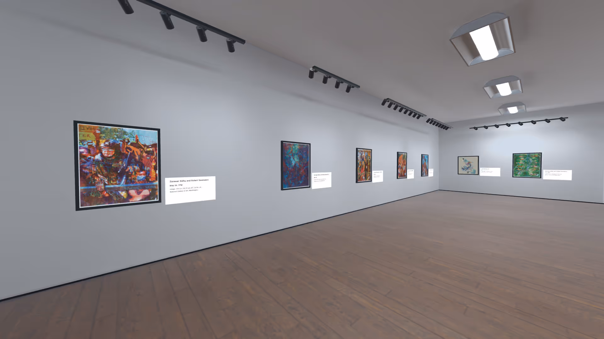 MUD Foundation Verse, featuring an interior art gallery with wooden flooring, white walls, and ceiling lights, displaying colorful framed paintings arranged along the walls with descriptive labels beside each artwork.
