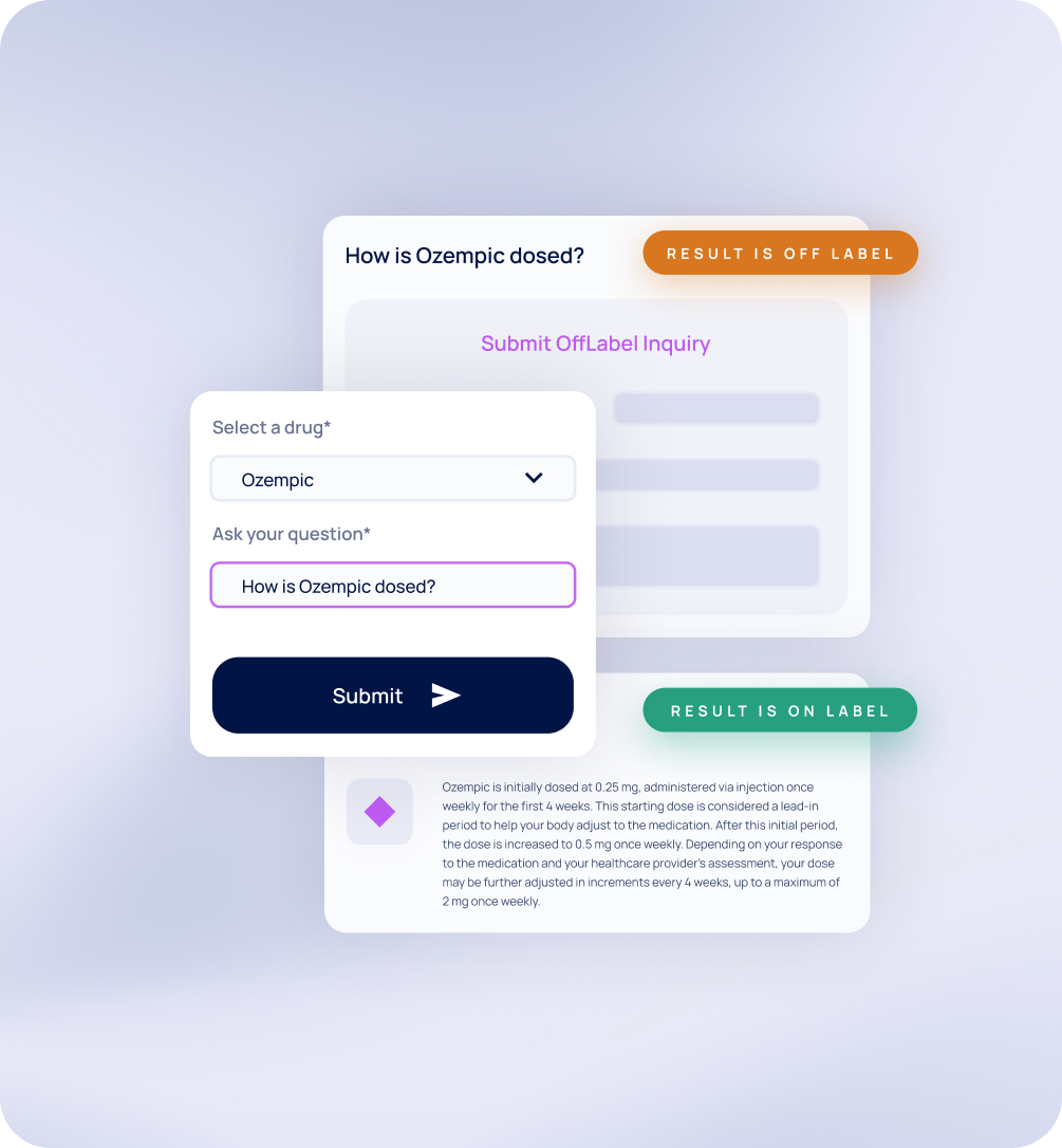 OnLabel screenshot displaying on label and off label market and clinical intelligence on Ozempic.