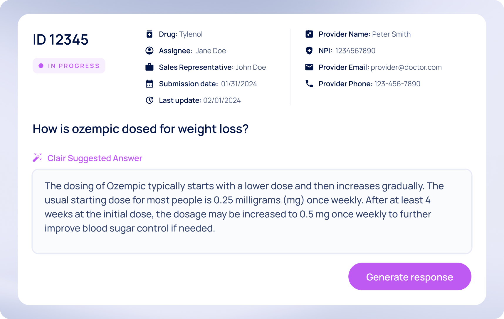 Screenshot showing OnLabel addressing important provider Inquiry about Ozempic