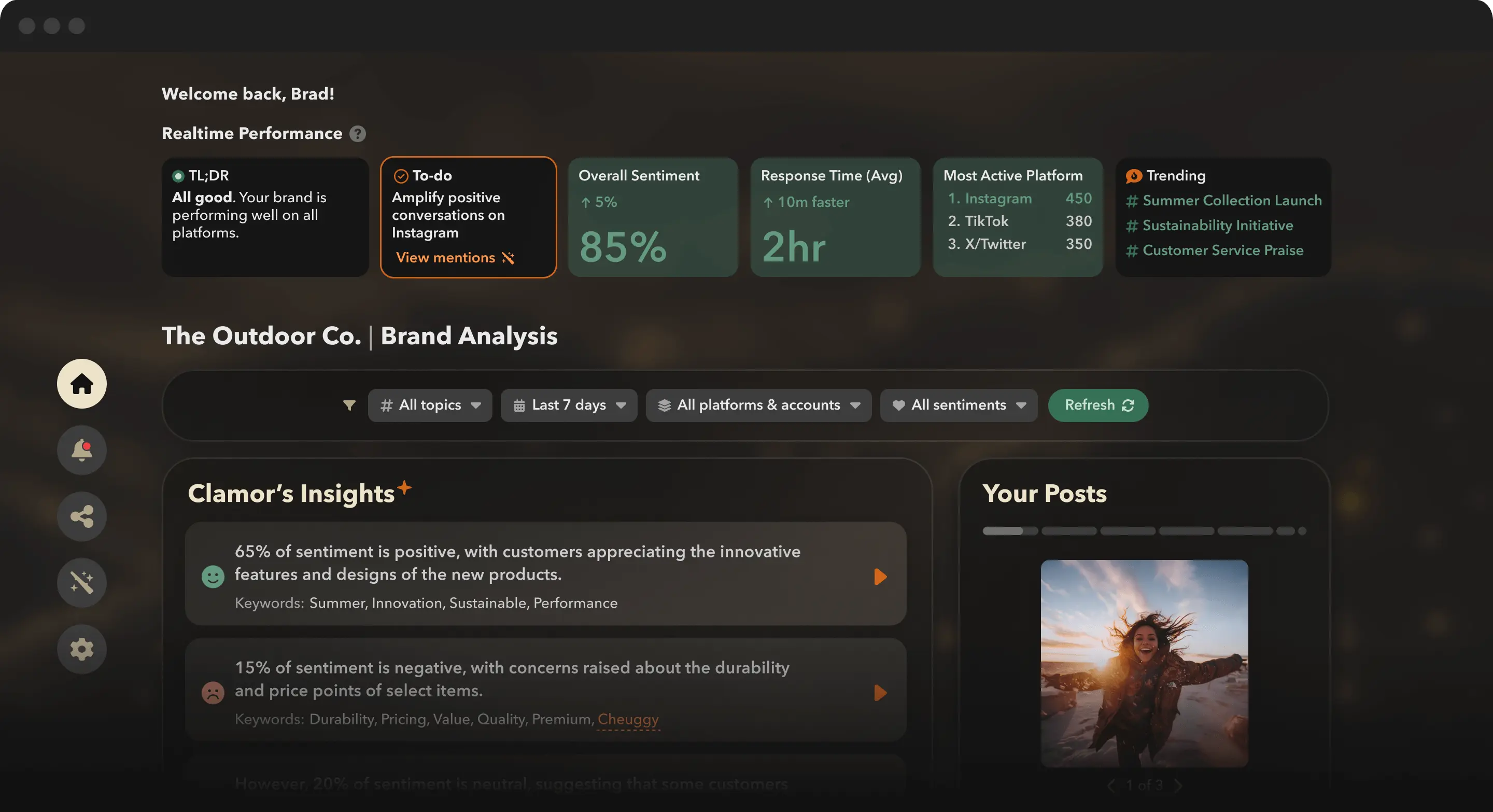 Dashboard showing brand analysis for The Outdoor Co., with realtime performance metrics, sentiment analysis, trending topics, and user posts including a smiling person outdoors at sunset.