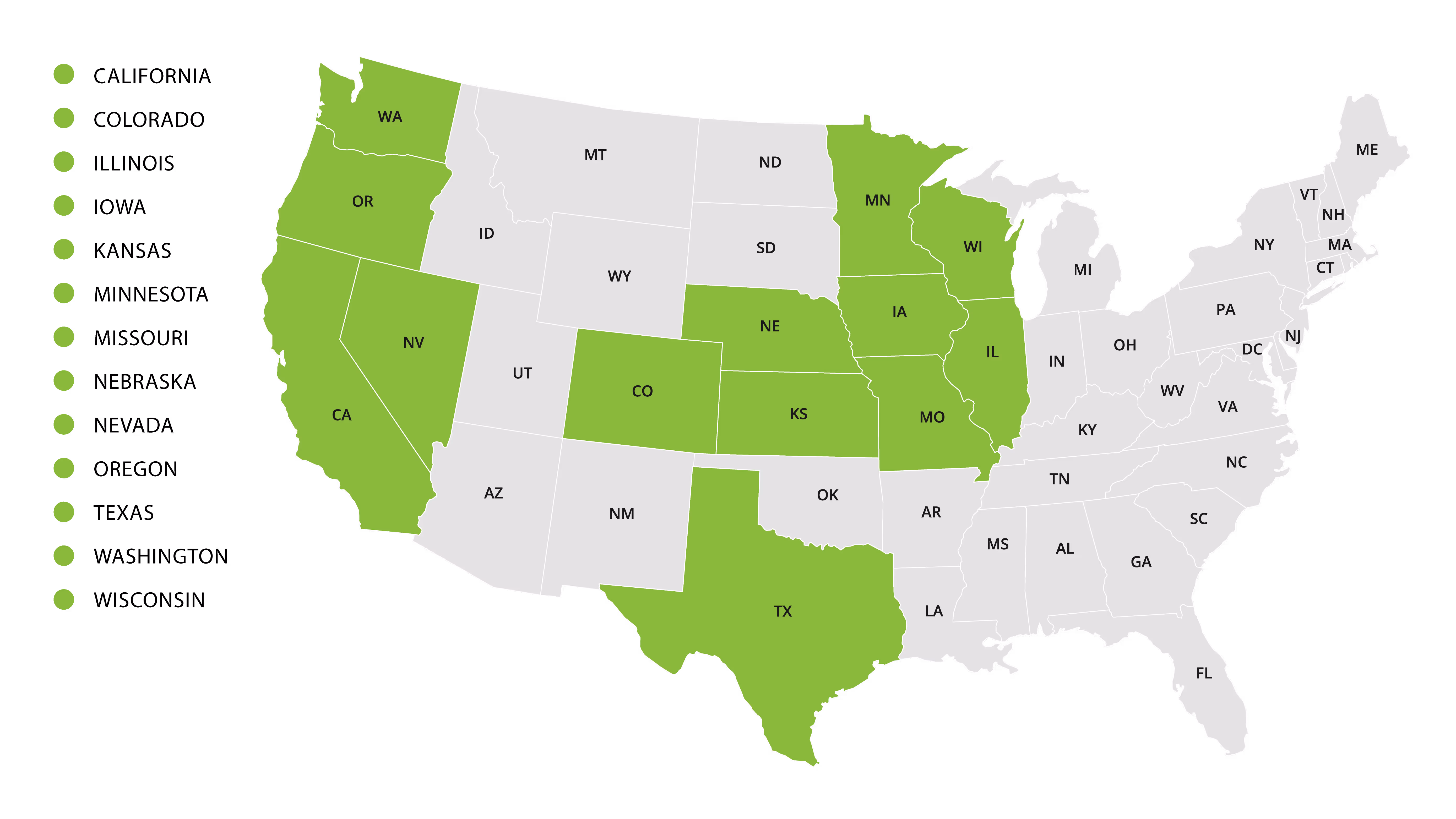 Cultivate Insurance coverage map, california
Colorado
Illinois
Indiana
Iowa
Kansas
Minnesota
Missouri
Montana
Nebraska
Nevada
North Dakota
Oregon
South Dakota
Texas
Washington
Wisconsin
