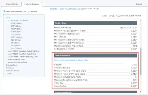 Screenshot of the bending parameters in a metal cutting software, showing specifications for cold-rolled steel, including K-Factor, inner bend radius, and minimum flange requirements.