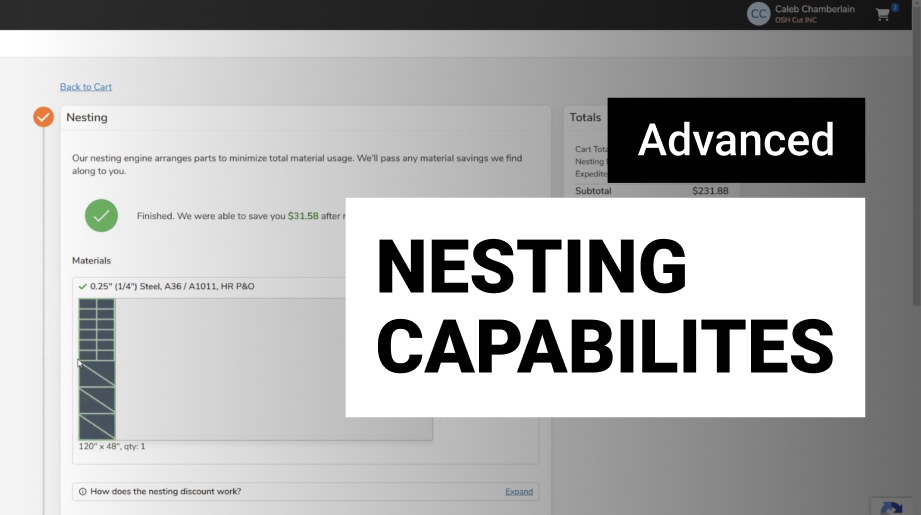 a laser cutter cuts through sheet metal next to text that says 'advanced nesting capabilities'