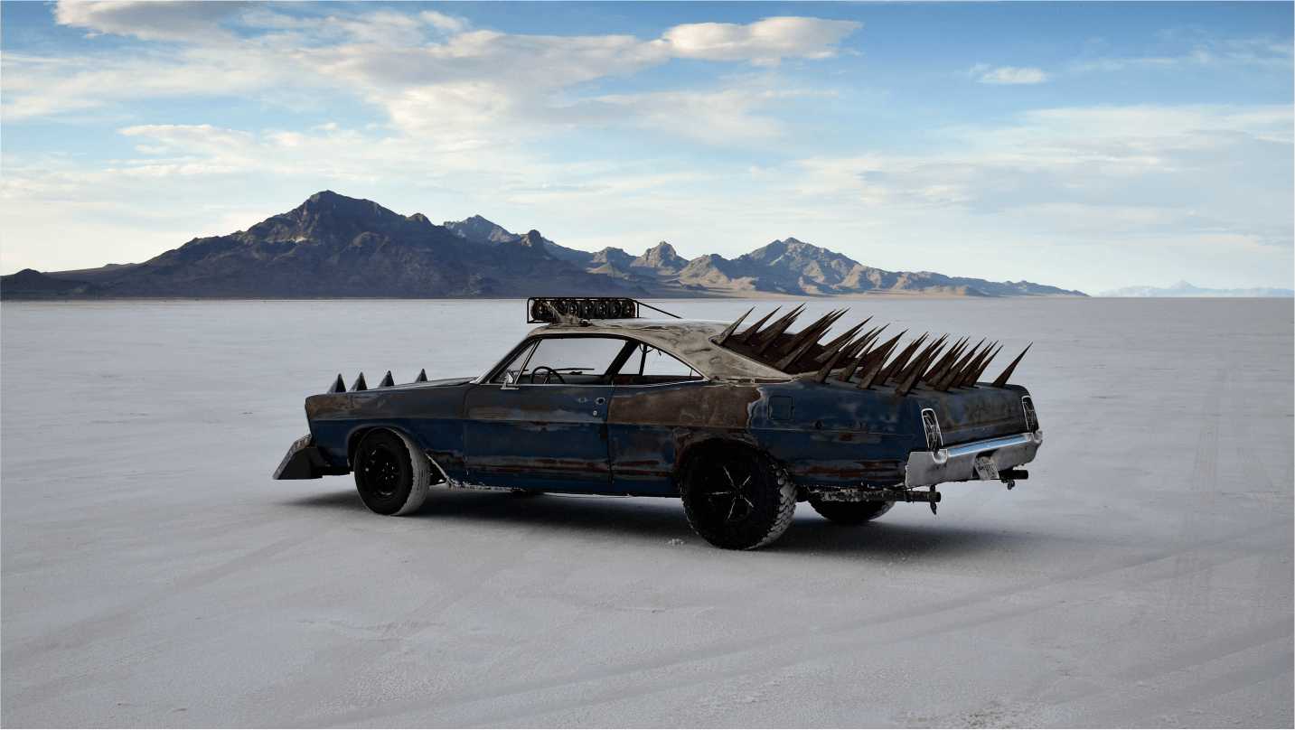 Anthony Eiting's Mad Max-style car with metal spikes on a salt flat