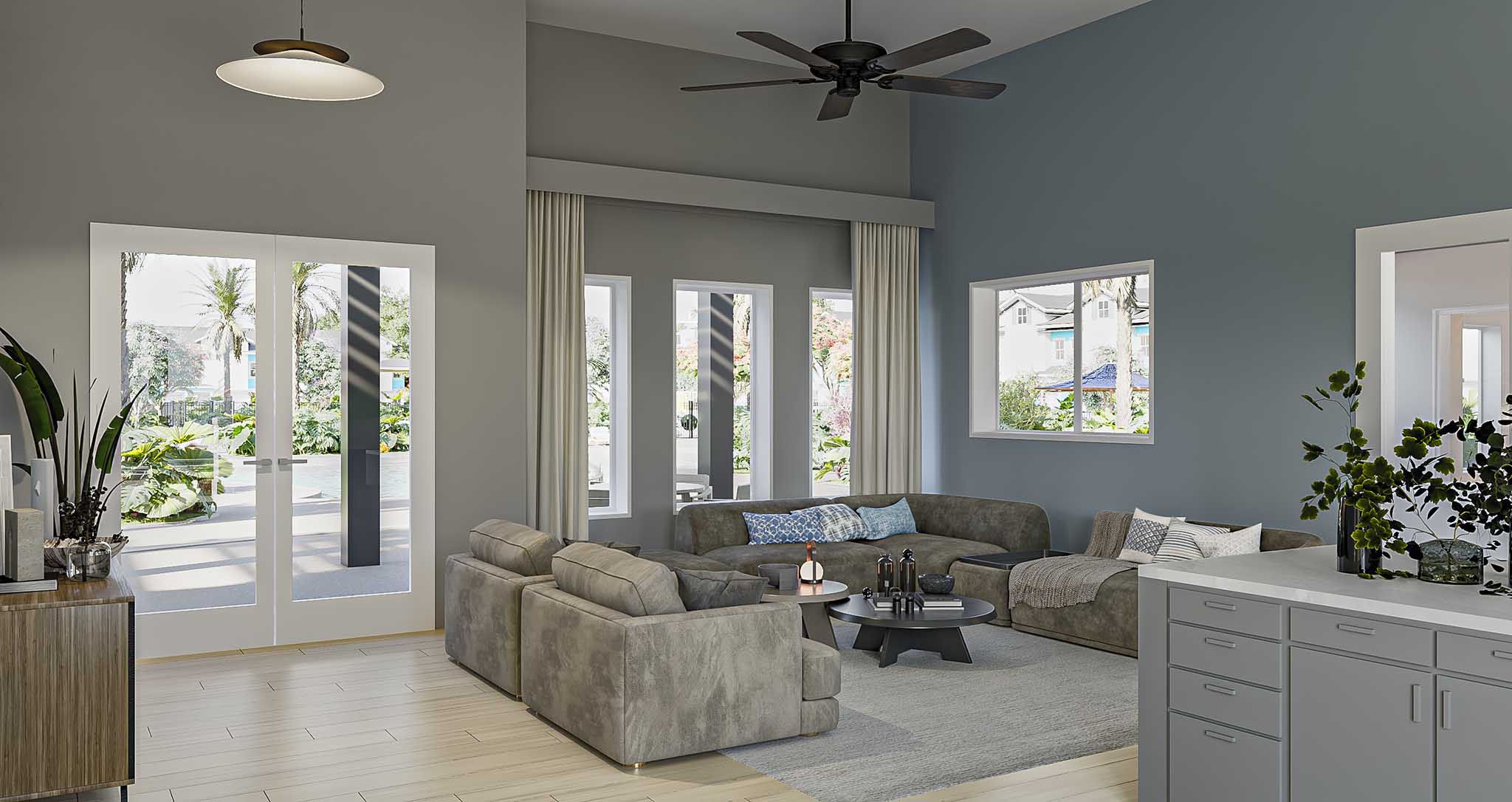 Modern living room with gray sectional sofa, armchairs, round tables, plants, and large glass doors.
