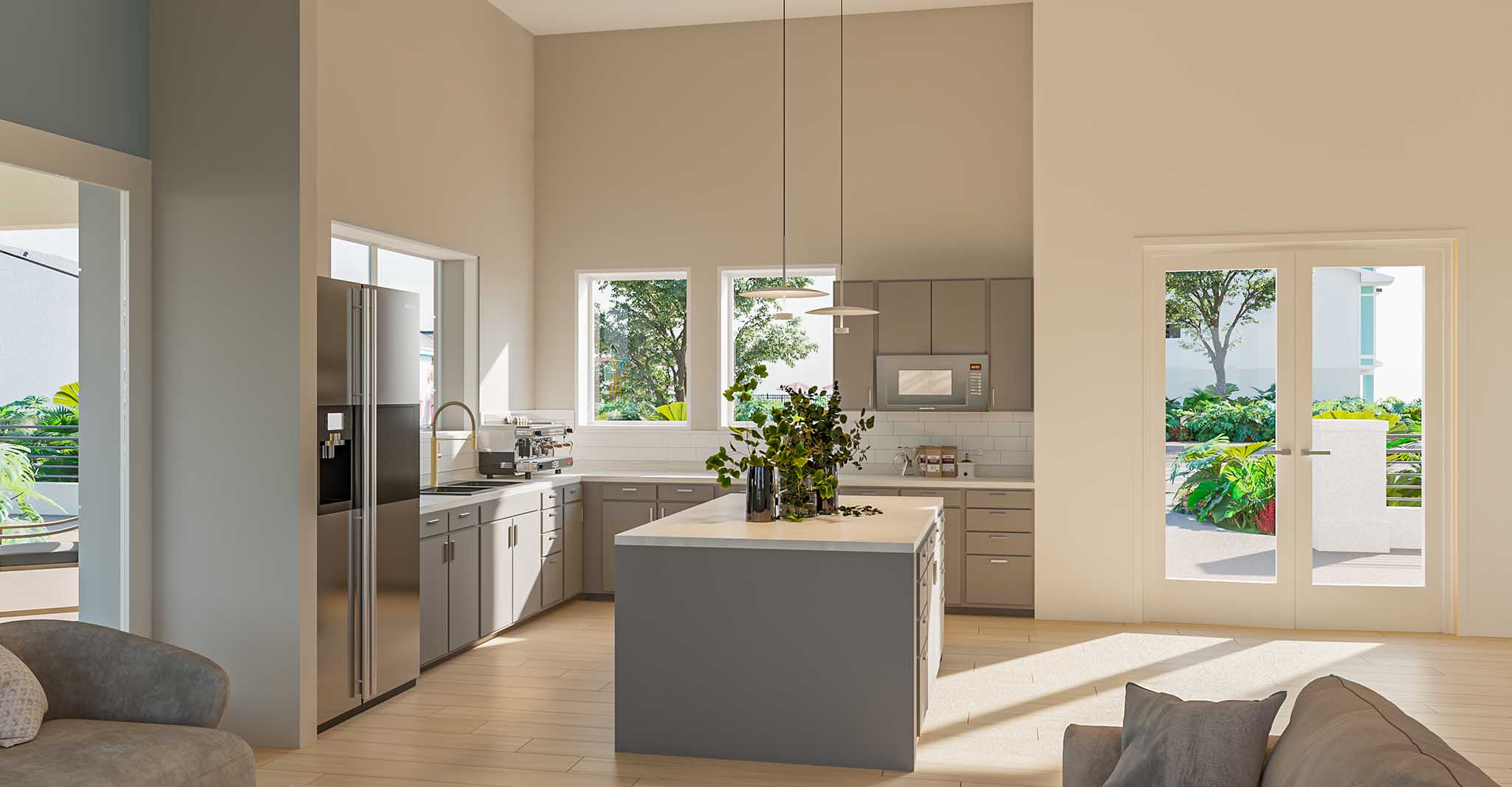 Modern kitchen with gray cabinets, stainless steel fridge, island with plants, and large windows.
