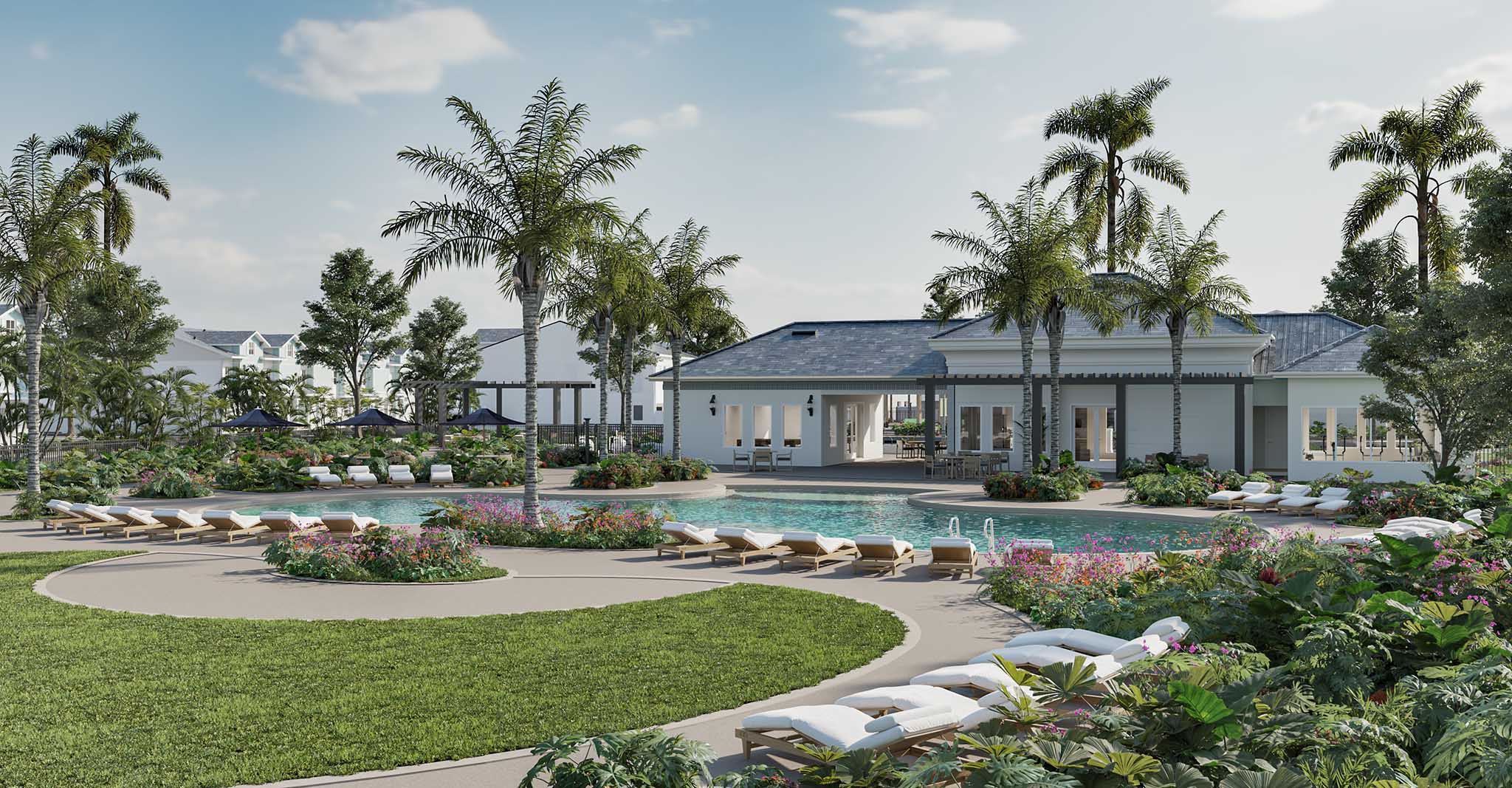 Outdoor pool area with lounge chairs, palm trees, and a clubhouse in the background.