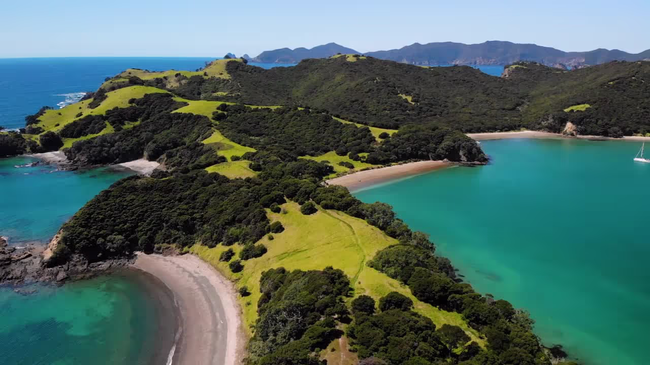 An aerial view of a beach with a boat in the water.