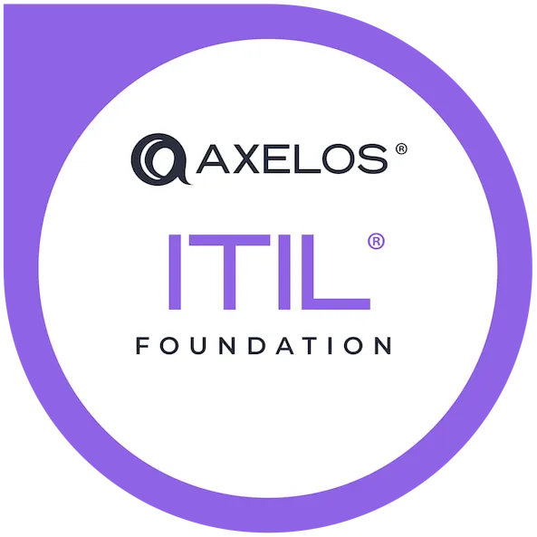 AXELOS ITIL Foundation logo with black and purple text inside a white circle on a purple background.
