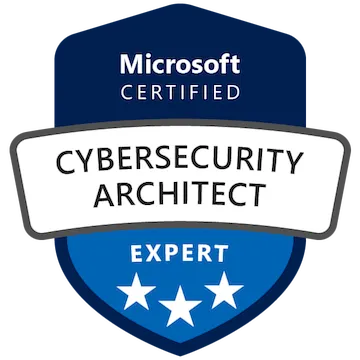 Microsoft Certified Cybersecurity Architect Expert badge with three stars.