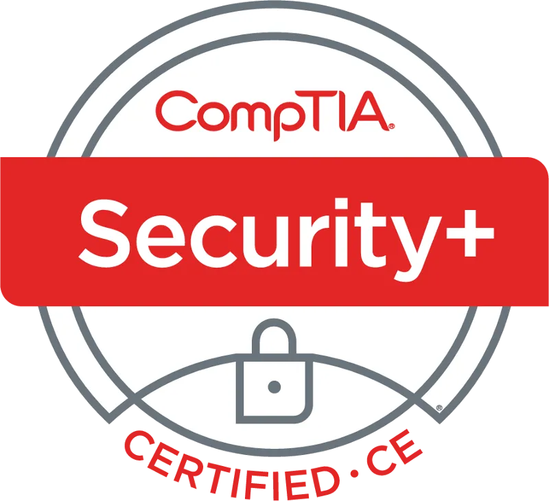 CompTIA Security+ certified CE badge with a lock icon and red banner.