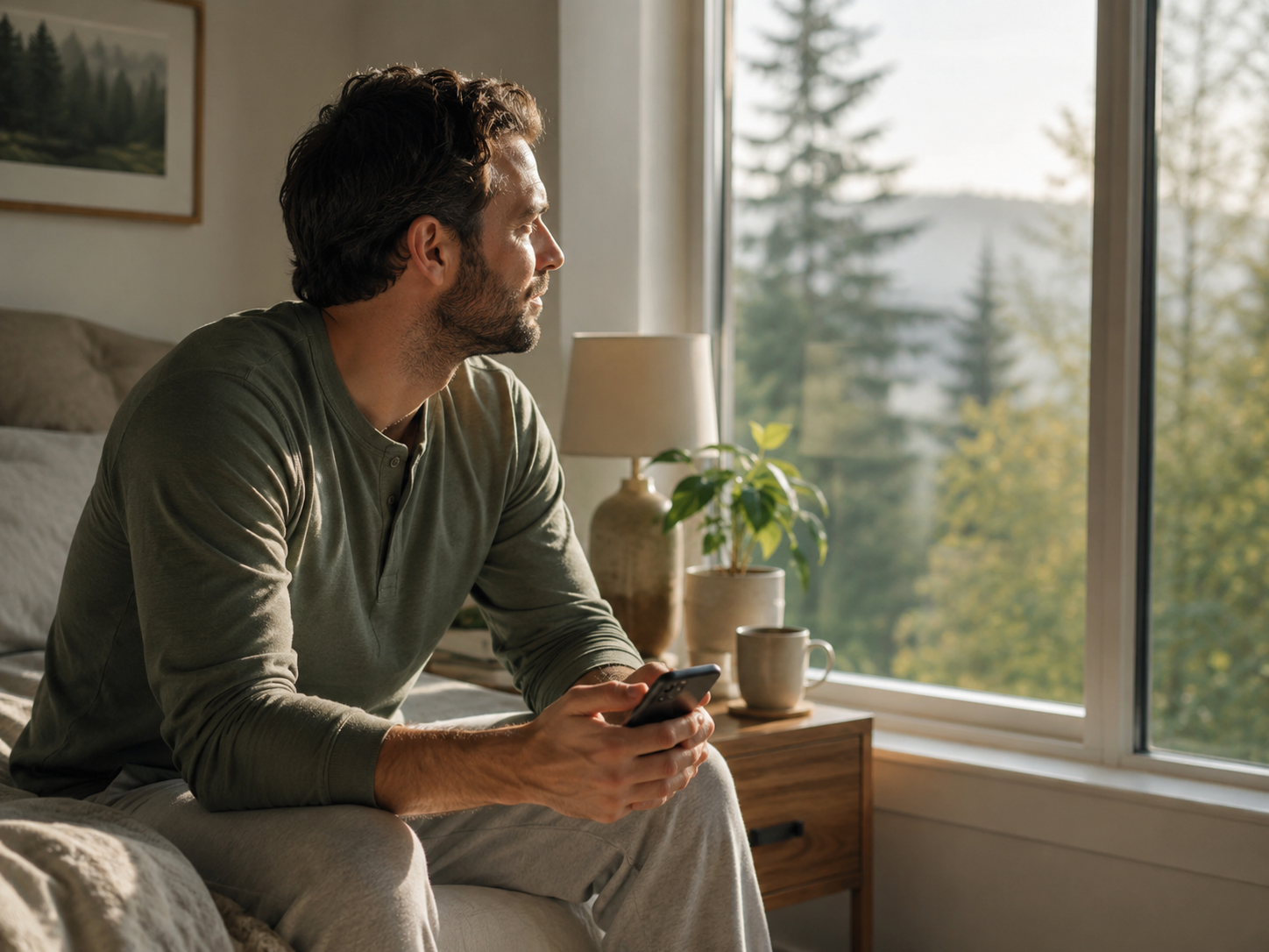 A man sits on the edge of a bed in a softly lit room, holding a phone while looking out a large window at the trees outside. The warm morning light, calm interior, and peaceful view create a hopeful and reflective mood, suggesting a quiet moment of deciding to reach out for help.