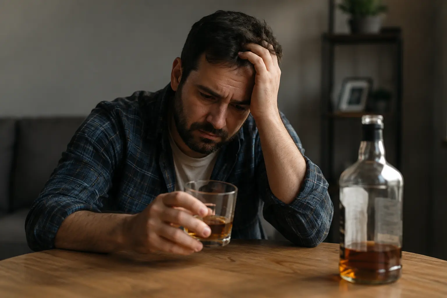 Man struggling with alcohol addiction sitting at a table with a glass of whiskey, appearing distressed and overwhelmed
