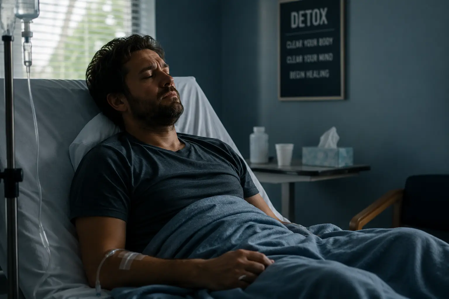 Man receiving medical care during alcohol detox, resting in a treatment center as withdrawal symptoms are monitored